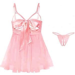 LEBENSFROH Lingerie voor dames, lingerieset, sexy, erotische doorschijnende kanten bodysuit met boog, lingerie, prikkelende beha en broekje, verstelbaar, open ondergoed voor vrouwen, oranje/roze, S