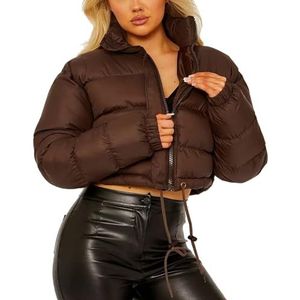 Dames Cropped Pufferjack, Opstaande Kraag, Baggy Korte Gewatteerde Jas Met Zakken(Brown,S)