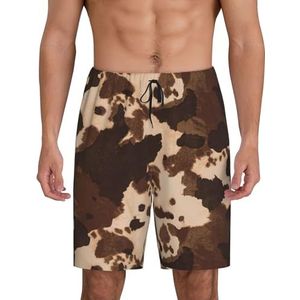 Heren pyjama shorts bruin koeienleer kunst print kerst shorts losse sportbroek, Zwart, 3XL