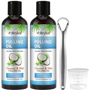 8 Fl.Oz Kokosnoot Pulling-olie, muntolie-pulling mondwater met tongschraper, alcoholvrij, natuurlijke kokos- en pepermuntolie trekker voor het bleken van tanden, frisse adem (2 stuks)