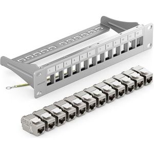 deleyCON 12-Poorts Patchpaneel Set Modulair 1 U 10"" Inch Rekinstallatie + 12x RJ45 Keystone-Modules CAT6a Compatibel met CAT5 CAT6 CAT7 LAN Netwerk Kabel Installatie Kabel Grijs