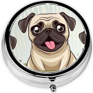 Grappige vrolijke mopshond print ronde pillendoos 3 compartimenten draagbare mini pillendoosje metalen pillenorganisator pillencontainer voor zak portemonnee kantoor reizen