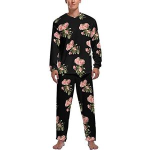Roze Rozen Bloemen Zachte Heren Pyjama Set Comfortabele Lange Mouw Loungewear Top En Broek Geschenken L