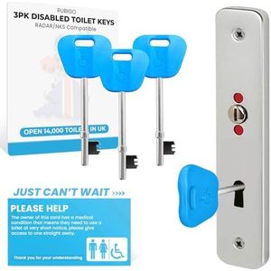 3PK Radarsleutel voor gehandicapte toiletten UK - 4 kleuren - invalide toiletsleutels met 'Just Can't Wait' kaart RubiGo (blauw)