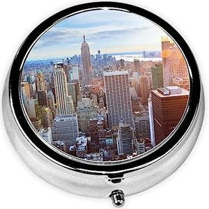 New York City Skyline Print Pillendoos 3 Compartimenten Kleine Pillenetui met Spiegel Pillen Organizer voor Outdoor Reizen Pocket Purse
