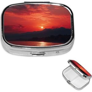 Pillendoos Reizen Pillendoos met 2 Compartimenten Kleine Pillenetui voor Portemonnee & Pocket Draagbare Geneeskunde Organizer Vurige Rode Zonsondergang Leuke Ronde Pillencontainer voor Vitaminen