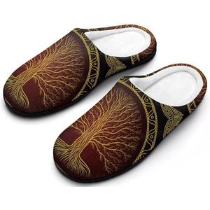 Home Casual Memory Foam Warme Pantoffels voor Heren, Comfortabele en Harige Instappers vvan Katoen, Gesloten Vinger Platte Schoenen(Tree of Life,11-12(44-45))