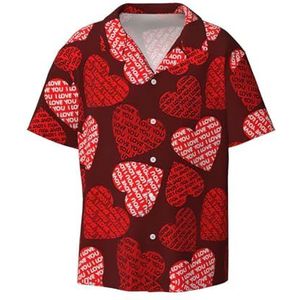 ZEEHXQ Bloemen Wall Art Print Mens Casual Button Down Shirts Korte Mouw Rimpelvrije Zomer Jurk Shirt met Zak, Rode harten, L