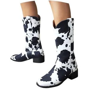 Dames Halfhoge Laarzen Met Koeienprint Retro Western Cowboylaarzen Herfst Winter Suède Instappers Vierkante Neus Ridderlaarzen Warme Lange Schacht Snowboots for Buiten(Black,41 EU)