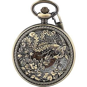 3D Phoenix Bird & Flowers Bronze Effect Antiqued/Vintage Case Automatische Zelfopwindende Mechanische Skeleton Pocket Horloge voor Mannen Vrouwen - Volledige Jager - Op 12"" Inch / 30cm Ketting. Levering in geschenkverpakking.