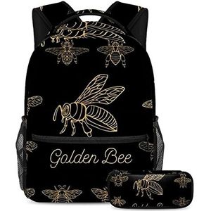 Gouden Bijenpatroon Rugzak met Potlood Case, 2 Stks Kid Schooltas Set voor Jongens Meisjes Tieners, Travel Book Bag voor Studenten, Meerkleurig, B：29.4x20x40cm P：19x7.5x3.8cm, Rugzakken