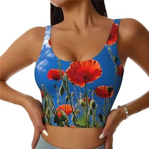 Poppies On Blue Sky Print Casual Wear Vrouwen Sport Vest Yoga Vest Workout Vest Voor Vrouwen Lichtgewicht Trendy, Zwart, S