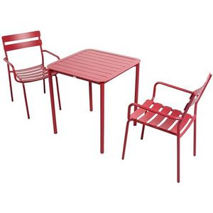 Oviala Vierkante terrastafel (70 x 70 cm) en 2 fauteuils donkerrood