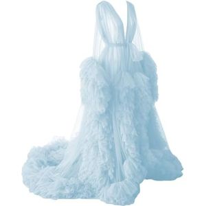 WSEYU Pluizige tule gewaad zwangerschapsjurk voor fotoshoot lange pure bruidsgewaad babyshower jurk plus size, Hemelsblauw, 32