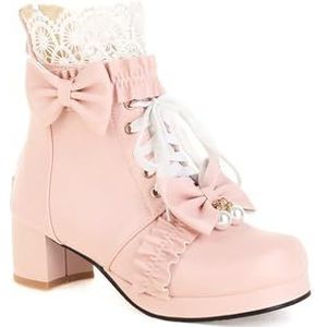 Dames Veterlaarzen Lolita Cosplay Enkellaarsjes Met Strikken Warm Pluche Gevoerd Snowboots Student PU-nahka Korte Laarzen Met Blokhak Feestenkelschoenen (Color : Pink, Size : 36 EU)