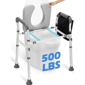 Verhoogde toiletbril met handgrepen, zware toiletbril van 500 lbs voor senioren, extra steunstangen voor zachte gewatteerde zitting, verstelbare breedte en hoogte toiletverhoger voor gehandicapten,