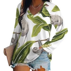 Tropische vintage palmbomen dames V-hals shirt lange mouwen tops casual losse pasvorm blouses
