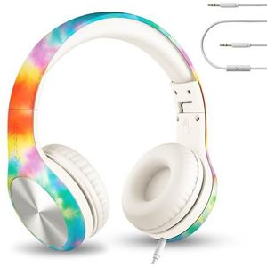 LilGadgets Over-ear bedrade hoofdtelefoon voor kinderen - Connect+ Pro Tie-Dye Rainbow met microfoon en 3,5 mm jack - 93dB Volume Limited, SharePort en opvouwbare schoolhoofdtelefoon