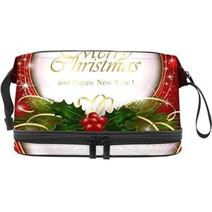 Grote capaciteit reizen cosmetische tas,Kerstmis gouden bel gelukkig nieuwjaar rood, make-up tas, waterdichte make-up tas organisator, Meerkleurig, 27x15x14 cm/10.6x5.9x5.5 in
