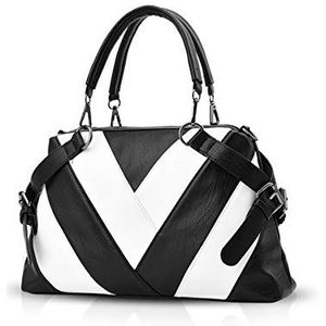 NICOLE & DORIS Handtassen voor dames, moderne hengseltas, schoudertas, zacht PU-leer, elegante handtas met strepen, zwart-wit, Large, handtassen