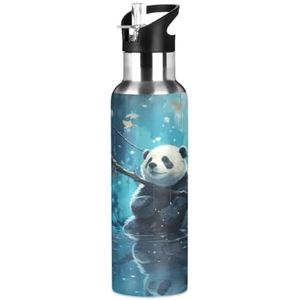 Space Blue Animal Panda Sport Waterfles Geïsoleerde Roestvrijstalen Grote Vacuümfles, Lekvrije Thermosfles met rietje voor reizen (600 ml/1000 ml)