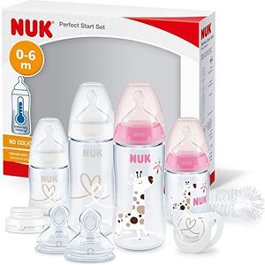 NUK First Choice+ Perfect Start babyflessenset, eerste uitrusting met 4 temperatuurregeling, anti-koliek babyflessen (2 x 150 ml en 2 x 300 ml), flessenborstel en meer, BPA-vrij, 0-6 maanden, roze/wit