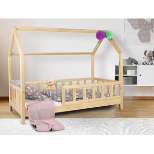 Alije Julia Kinderbed, huisbed, met valbeveiliging, lattenbodem, bedframe van grenenhout, voor kinderen, jongens en meisjes, houten bed, babykinderkamer, natuurlijk hout, 120 x 200 cm