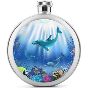 Cartoon onderwater wereld dolfijnen koraal heupfles 5 oz lekvrije drank fles roestvrij staal wijnfles voor bruiloft partij geschenken