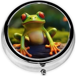 Leuke grappige groene kikkers draagbare pillendoos - ronde pillenorganisator, doseerkoffer, 3 compartimenten medicijnpillendoosje voor reizen, kleine pillendoos voor portemonnee en zak