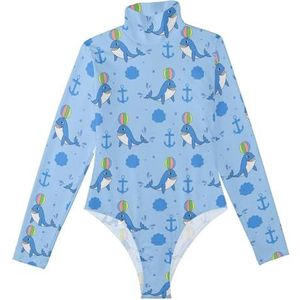 LI ZHI XIN Rompertjes met lange mouwen voor dames, eendelige jumpsuit met hoge hals, coltrui, turnpakje, top voor meisjes, dans, workout, fitness, body, walvis, dolfijn, cartoonpatroon, Meerkleurig, S