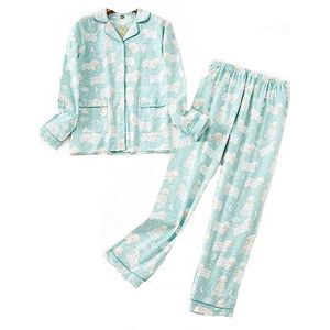 Pyjama voor dames, lang, katoen, winter, pyjama, vrijetijdspak, set met knoopsluiting, sleepwear, tweedelige flanellen nachtkleding, blauw, XL