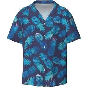 OdDdot Blauw Ananas Print Heren Button Down Shirt Korte Mouw Casual Shirt Voor Mannen Zomer Business Casual Jurk Shirt, Zwart, XXL