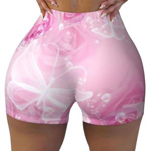 ELRoal Dames sport elastische shorts roze en witte vlinder afdrukken vrouwen workout shorts ademend en sneldrogend yoga shorts, Zwart, XXL-3XL kort