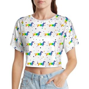 Regenboog Daschund T-shirt met korte mouwen voor dames, grafische print, crop shirt, T-shirt, lek navel