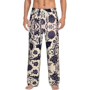 Lange loungekleding voor heren, met vleermuispatroon, nachtkleding, pyjamabroek, slaapkleding, met zakken en trekkoord, Wit, S