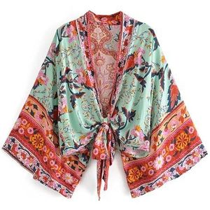 Juketron Boho Vintage Bloemenprint Sjerpen Korte Kimono Vrouwen V-hals Batwing Mouwen Dames Strand Robe Cover-ups