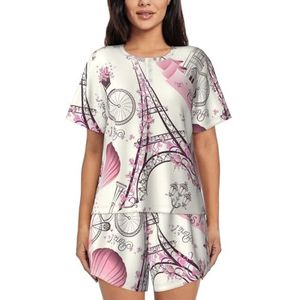 JIAWUJYNB Parijse toren bloemenprint dames pyjama met korte mouwen - comfortabele korte sets, mouwen nachtkleding met zakken, Zwart, XL