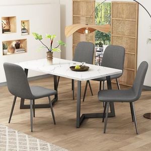 Aunvla Eetgroep (5-delig), eettafel met 4 stoelen, moderne keukentafelset, eetkamerstoelen in modern design met rugleuning, metalen poten, grijs linnen, zwarte tafelpoten