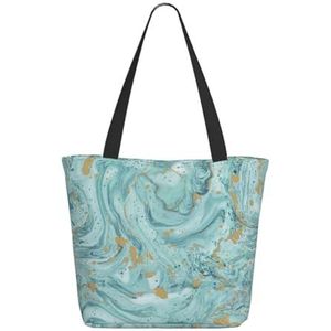 OPSREY Lente Daisy Bloemen Gedrukt Tote Bag Shopping Bag Casual Schoudertas Opbergtas, Azurite Teal en Folie Goud Olie Marmer Patroon, Eén maat