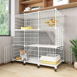 Kattenspeelplaats Grote kattenkooien Binnenverblijven & Trappen, Kattenkennel Metalen Kennels Krat met Universeel Wiel(111x39x112cm)