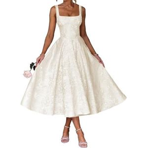 AHERKLL Spaghetti Bandjes Bruidsmeisjes Jurken Bloemen Satijn Jacquard Formele Avond Feest Maxi Jurk Thee Lengte HAH047, Ivoor, 32