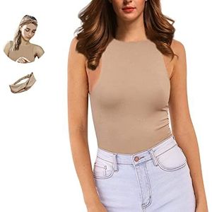 Y WJing Yi Jia Womens mouwloze ronde hals bodysuits met string halter tank tops vormende bodysuit sexy shapewear turnpakje jumpsuit tops, Beige, L