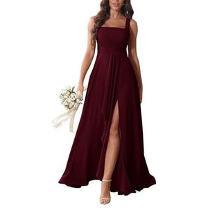 KURFACE Chiffon bruidsmeisjesjurken met split ruches lange bruidsmeisje vloerlengte formele avondjurk, Bordeaux, 32