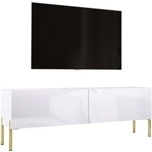 3E 3xE living.com TV-kast in mat wit / wit hoogglans met poten in goud, A: B: 140 cm, H: 52 cm, D: 32 cm. TV-meubel, tv-tafel, tv-bank