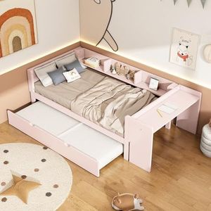 Aunvla 90 x 200 cm, plat bed, met uittrekbaar bed, met bureau, drie planken aan de zijkant van het bed, roze