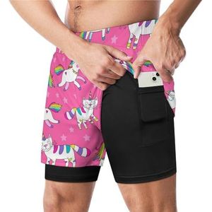 Leuke Kleurrijke Eenhoorns Grappige Zwembroek met Compressie Liner & Pocket Voor Mannen Board Zwemmen Sport Shorts