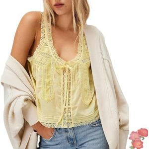 CupitiDU Vrouwen Mouwloze Ruches Kant Trim Chiffon Crop Top Scoop,Zomer Button Down Front Tie Mesh Ruches Flowy Crop Top, Geel, L