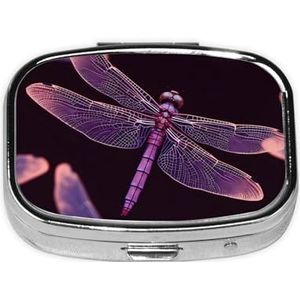 Paarse libelle print vierkante pillendoos met 2 compartimenten draagbare mini pillendoosje metalen pillenorganisator pillencontainer voor zakportemonnee kantoor reizen