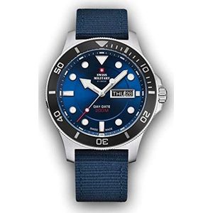 Zwitserse Militaire Heren 3 Handen Day-Date Diver Horloge 200 Meter WR Sapphire Crystal SM34068.05, Blauw, 42mm, riem