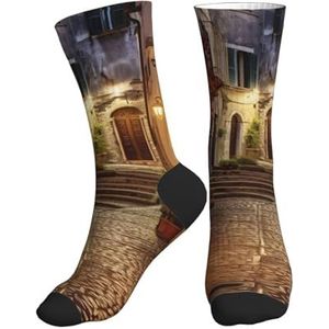 GUOLGP Italiaanse Old Street Print Mid-Tube Sportsokken Voor Mannen Vrouwen Hardlopen Met Antislip Fit Gym Jogging Training, 2 Zwart-2, One size